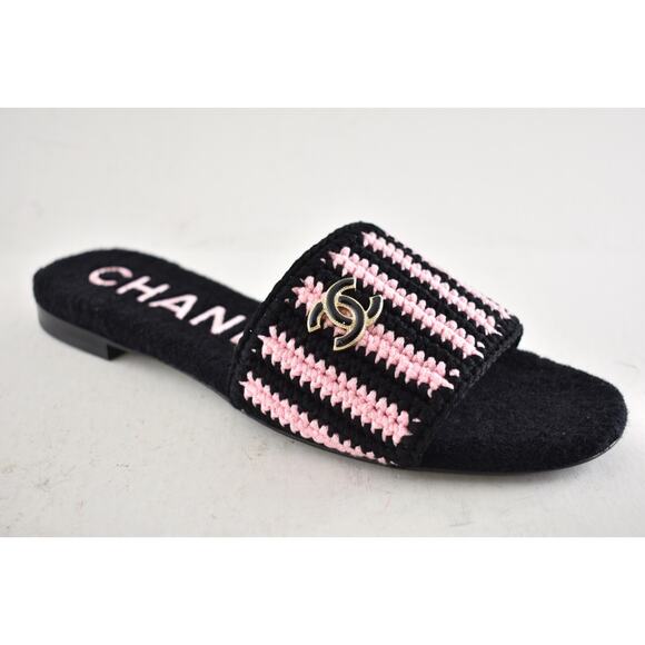 Chanel 24M Black Pink Crochet Stripe Camellia Flower Logo Mule Slide Sandal 39 - Picture 7 of 16